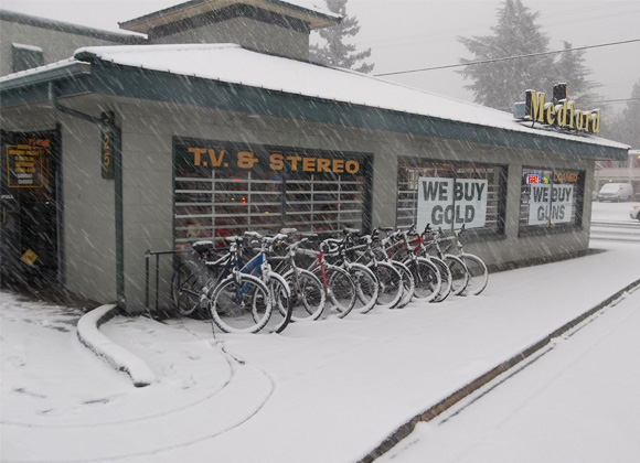 Medford Pawn and Jewelry store on a snowy day